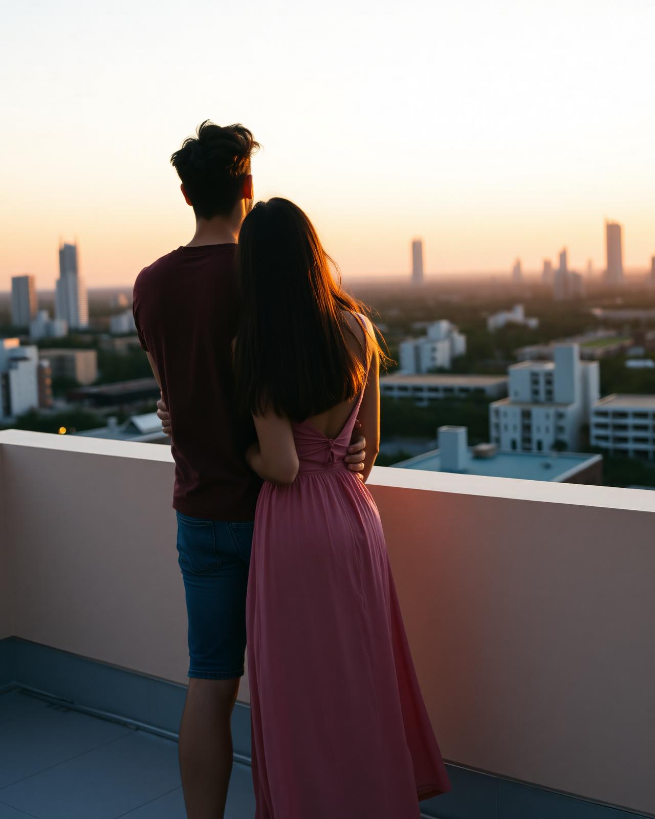 Casal brasileiro abraçado ao pôr do sol, contemplando o horizonte de uma cidade no exterior