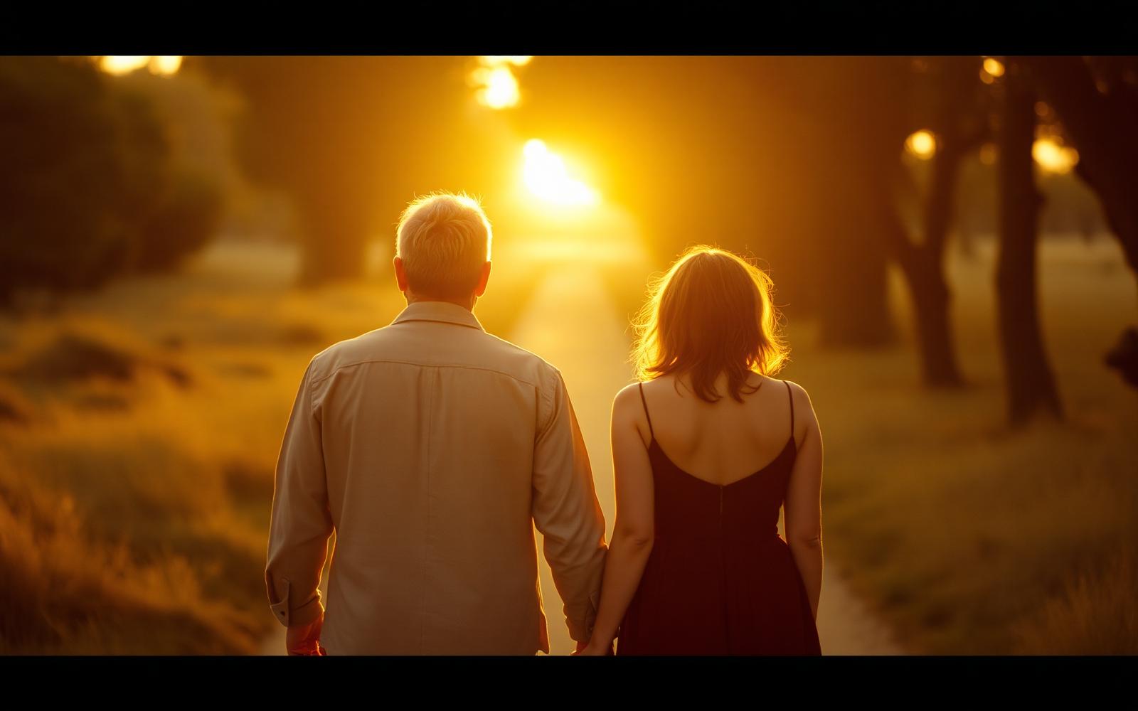 Casal caminhando ao pôr do sol